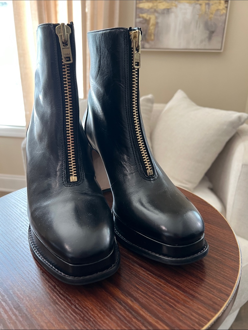 Bernardo Black Leather Zip-Front High Block Heel Ankle Boots